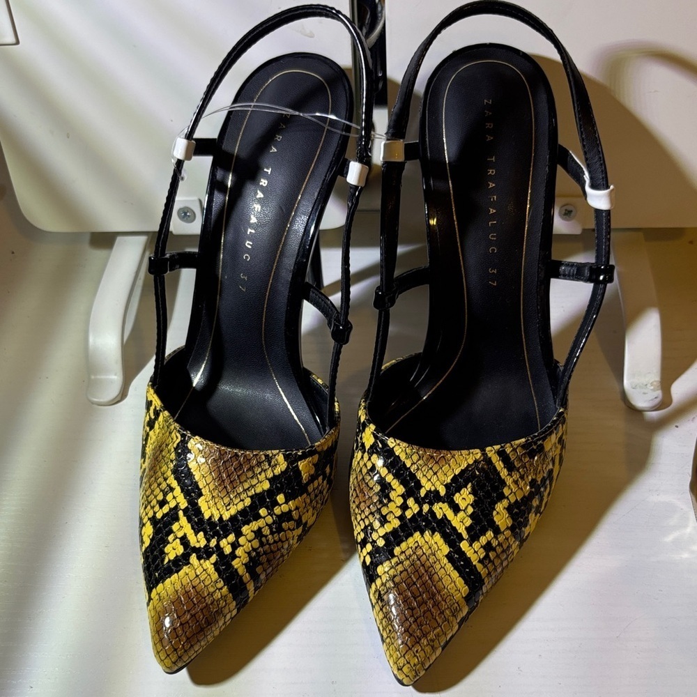 Zara Black and Yellow Snake Print Heels